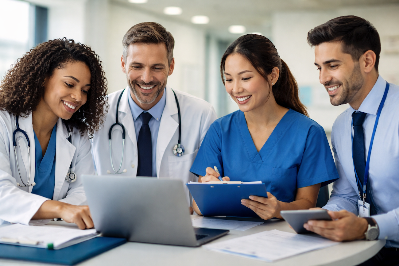 Healthcare professionals collaborating during a patient care planning meeting.