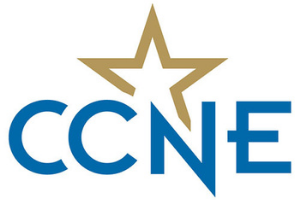 Logo with blue letters with gold star spelling out CCNE