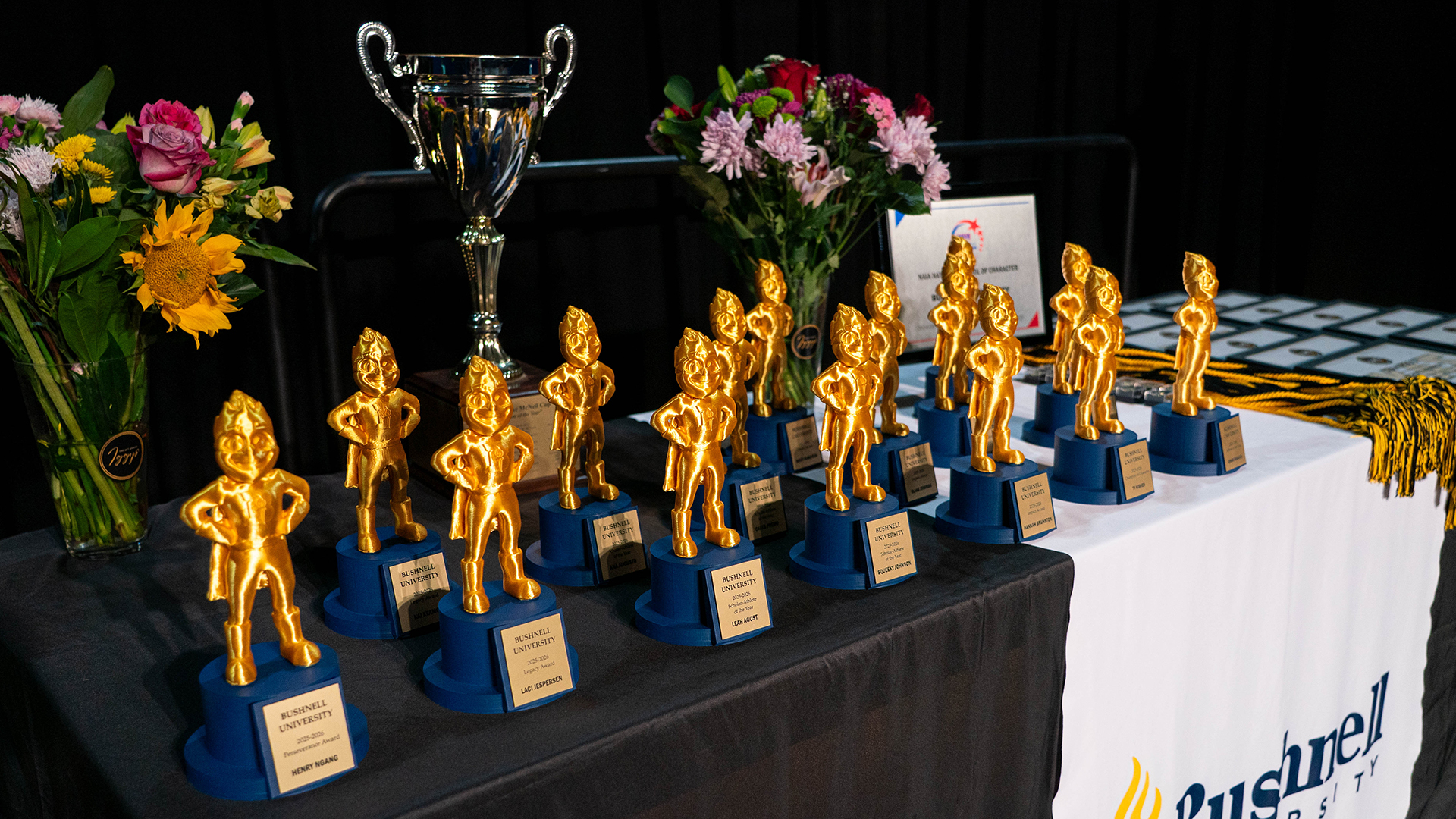 Student achievement awards displayed before Bushnell University's annual Iggy Awards ceremony.