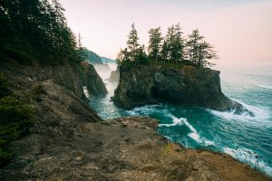 rocky shoreline with trees on a large rock outcropping in the water
