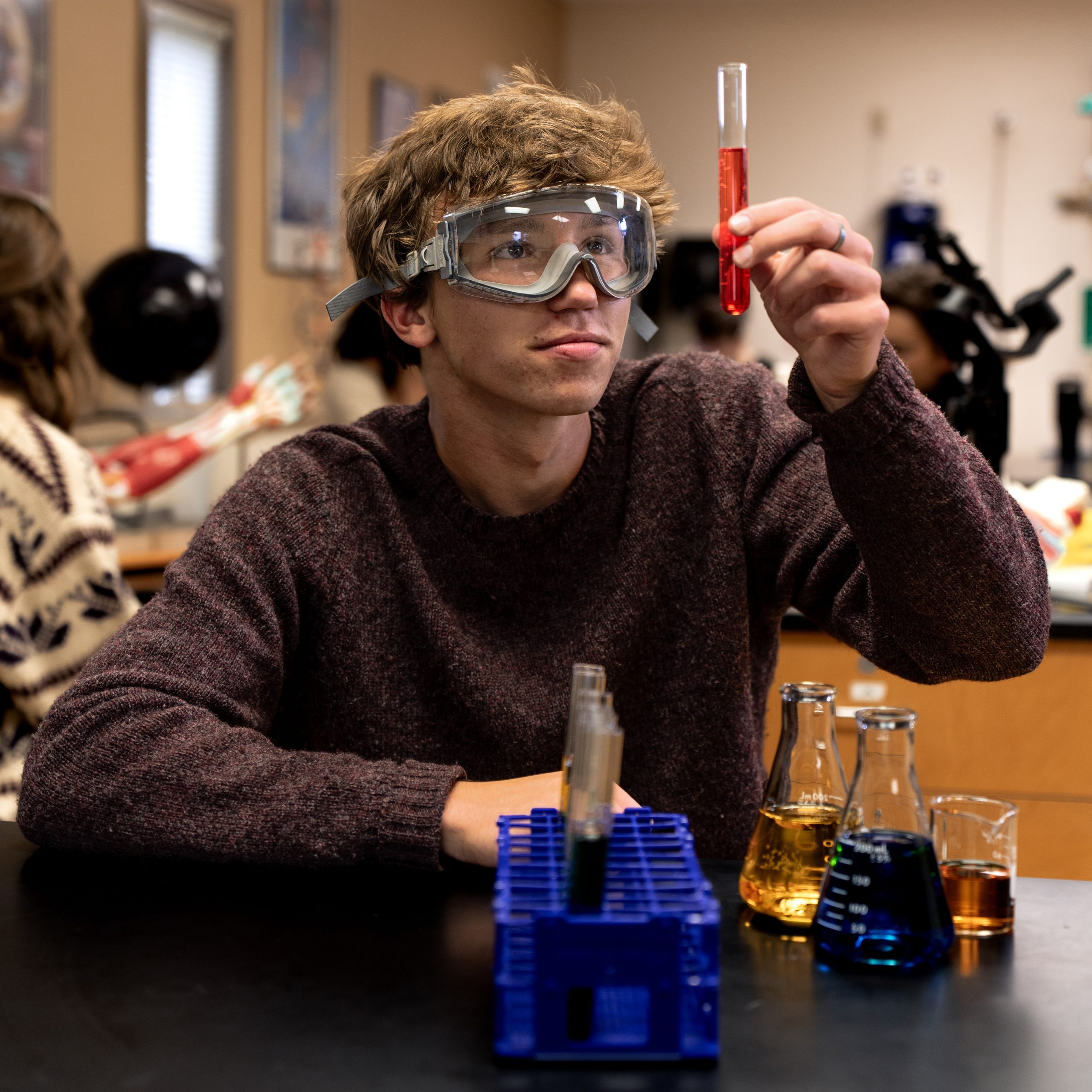 Student holding a test tube with liquid during a biology lab experiment