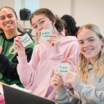 Psychology class students participate in labeling sections of a human brain