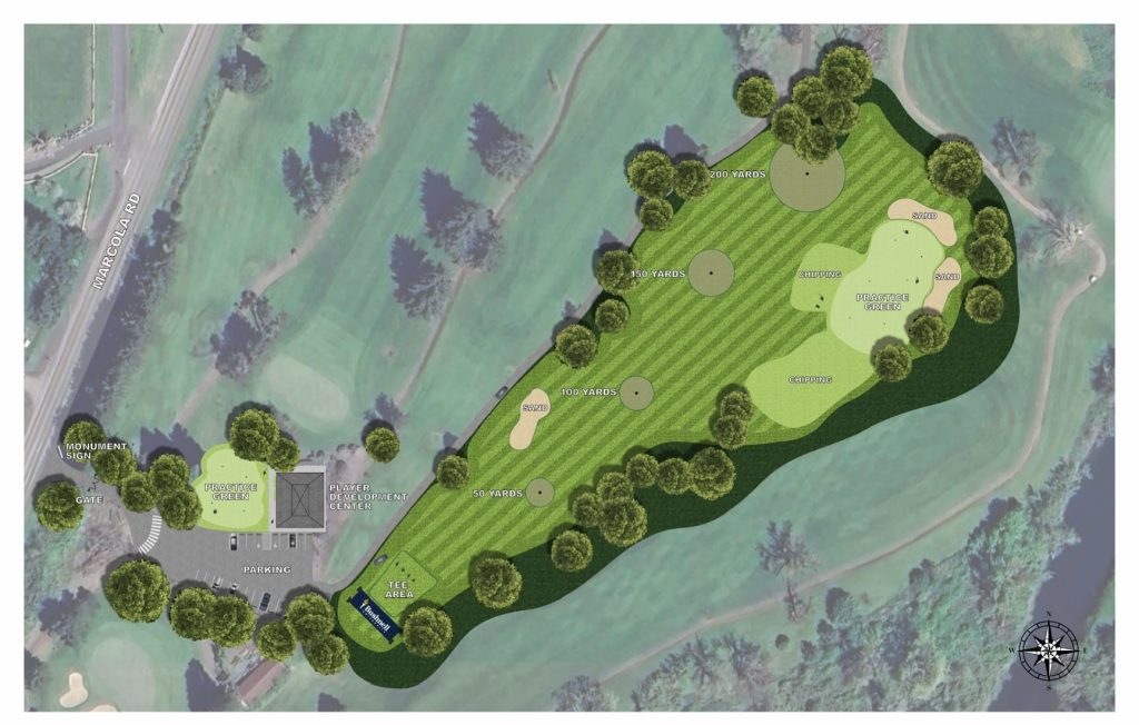 aerial view of golf hole with green, tee, practice green and other areas