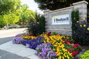 Bushnell University entrance sign surrounded by colorful landscaping and flowers at the campus entrance in Eugene, Oregon.