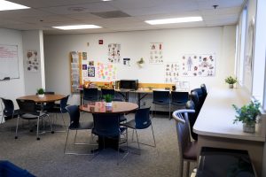 Nursing student lounge with study tables, collaborative workspaces, educational resources, and comfortable seating.