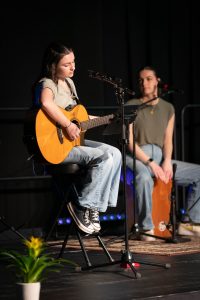 Students lead worship music during a Bushnell University chapel service.