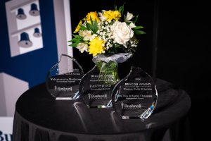 Beacon Award trophies displayed before the Bushnell University Beacon Evening of Tribute Awards ceremony.
