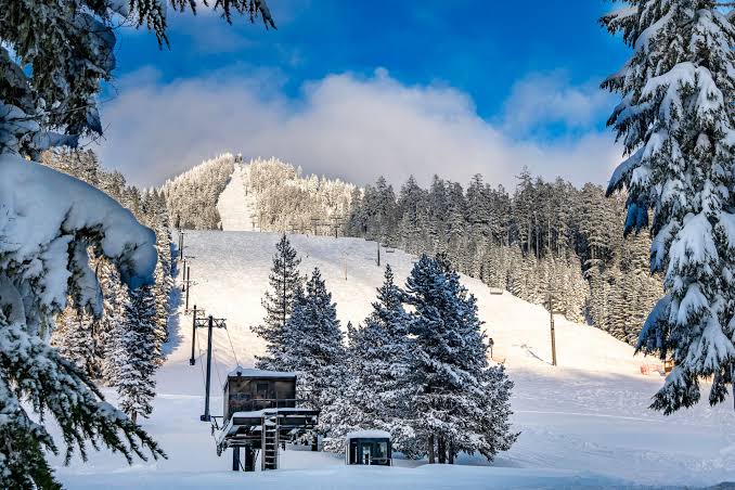 Snow-covered ski slopes at Willamette Pass Resort in Oregon.
