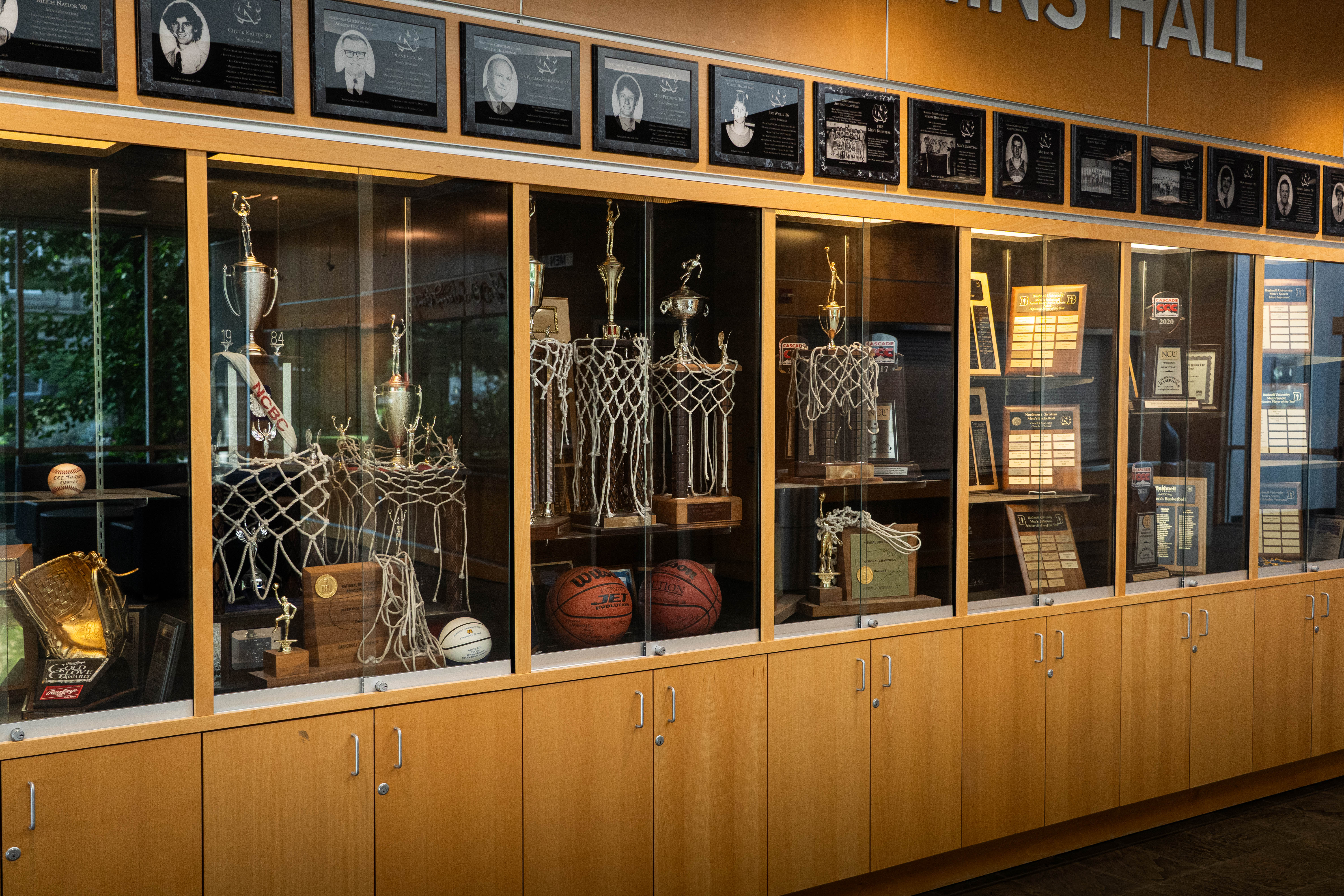 Bushnell University athletics trophy and awards display in the Morse Center.