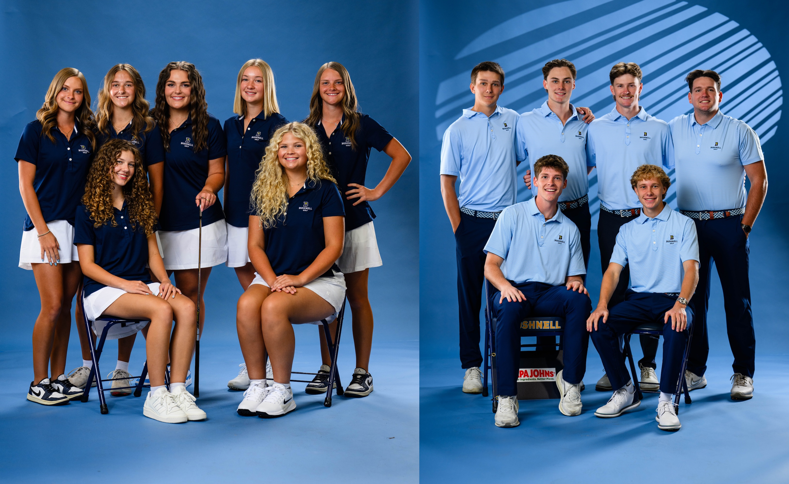 Group of students in golf gear posing during media day.