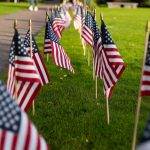 Rows of American flags displayed on the lawn along a walkway at Bushnell University.