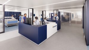 Architectural rendering of Bushnell University's proposed healthcare simulation center, featuring a nursing station, patient care rooms and healthcare professionals in a modern clinical setting.