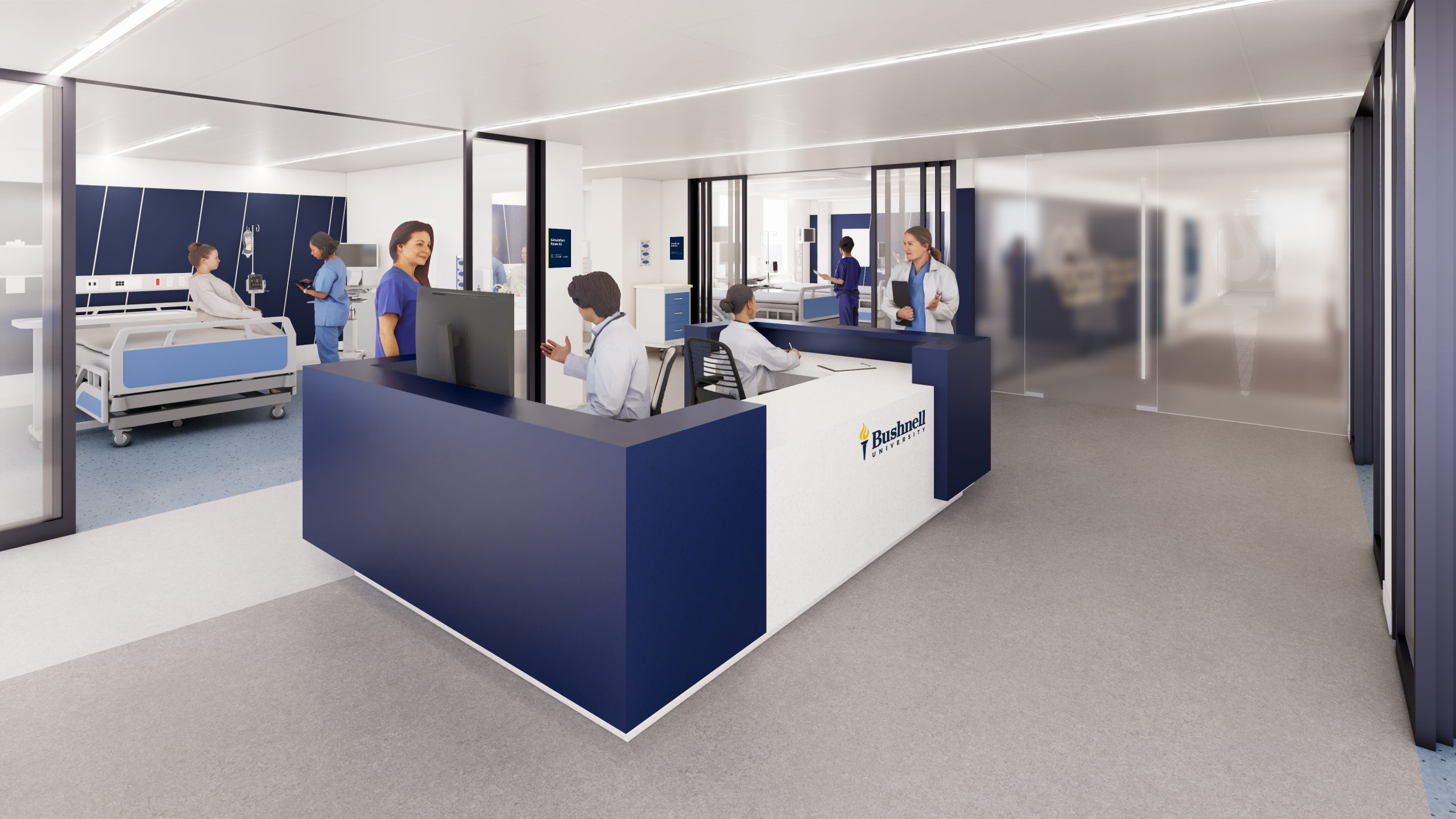 Architectural rendering of Bushnell University's proposed healthcare simulation center, featuring a nursing station, patient care rooms and healthcare professionals in a modern clinical setting.