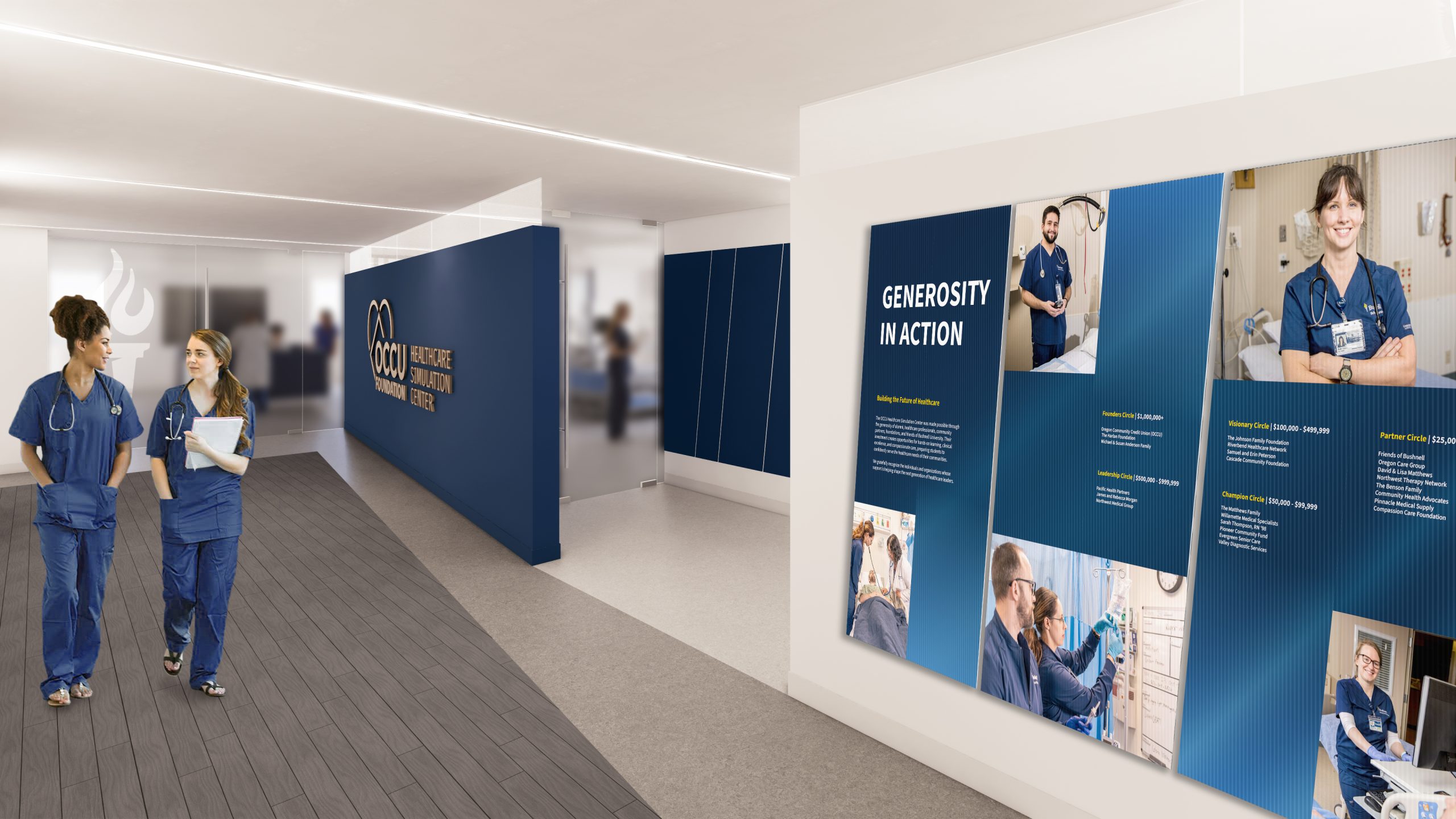 Architectural rendering of the proposed OCCU Healthcare Simulation Center at Bushnell University, featuring nursing students walking through a modern hallway with a donor recognition wall.