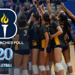 Bushnell University women's volleyball team celebrates in a huddle alongside a graphic announcing its No. 20 ranking in the NAIA Coaches Poll.