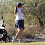 Female golfer follows through on a tee shot while another golfer watches near a golf cart on a sunny golf course.