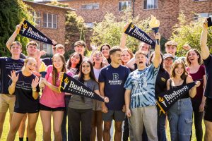 Bushnell students gathering together in a campus common space