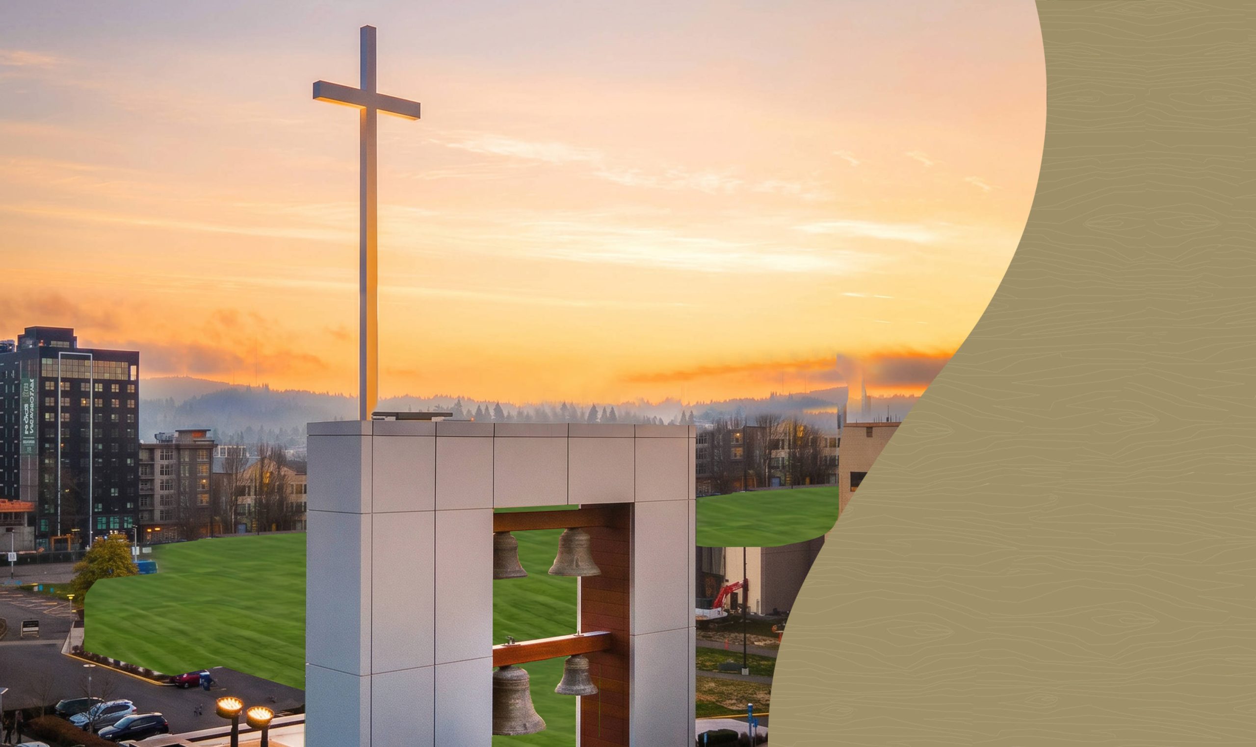 Bushnell University's campus cross against an evening sky at dusk