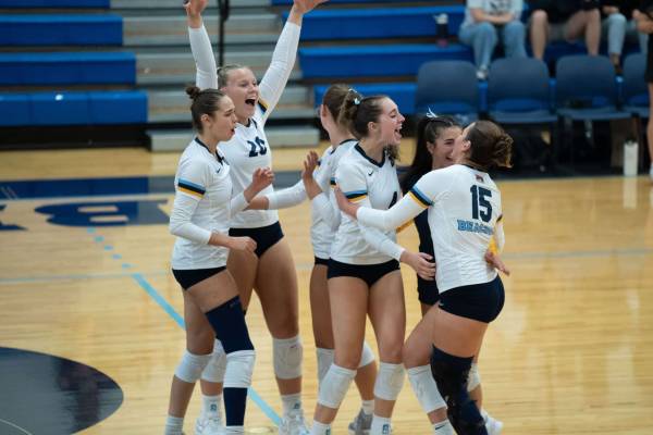 Group of volleyball student athletes celebrating